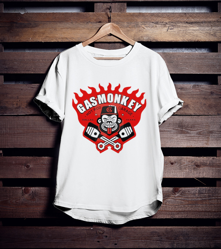 Gas Monkey Hot Rod Garage Dallas Texas Flame Logo Monkey With Pistons T-Shirt