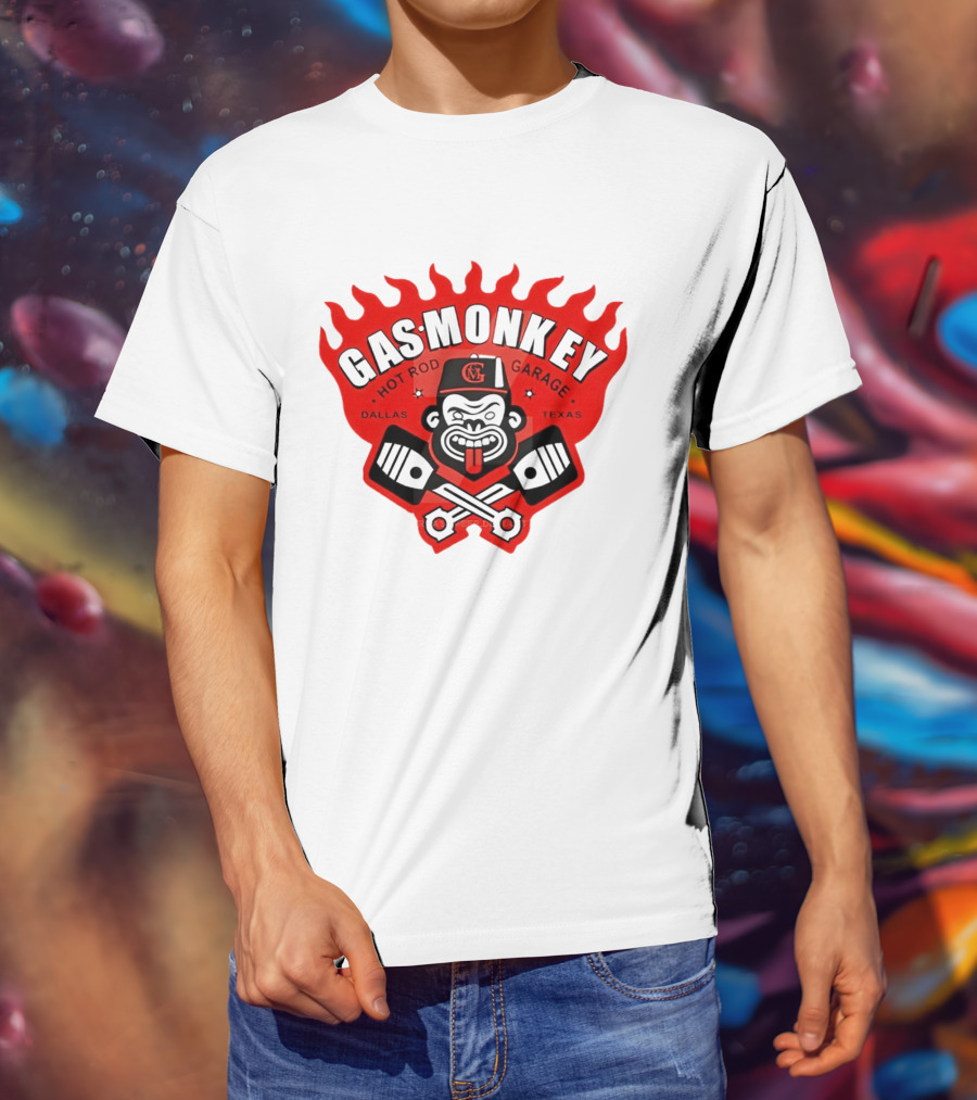 Gas Monkey Hot Rod Garage Dallas Texas Flame Logo Monkey With Pistons T-Shirt
