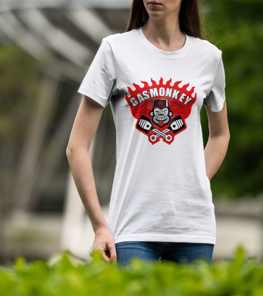 Gas Monkey Hot Rod Garage Dallas Texas Flame Logo Monkey With Pistons T-Shirt
