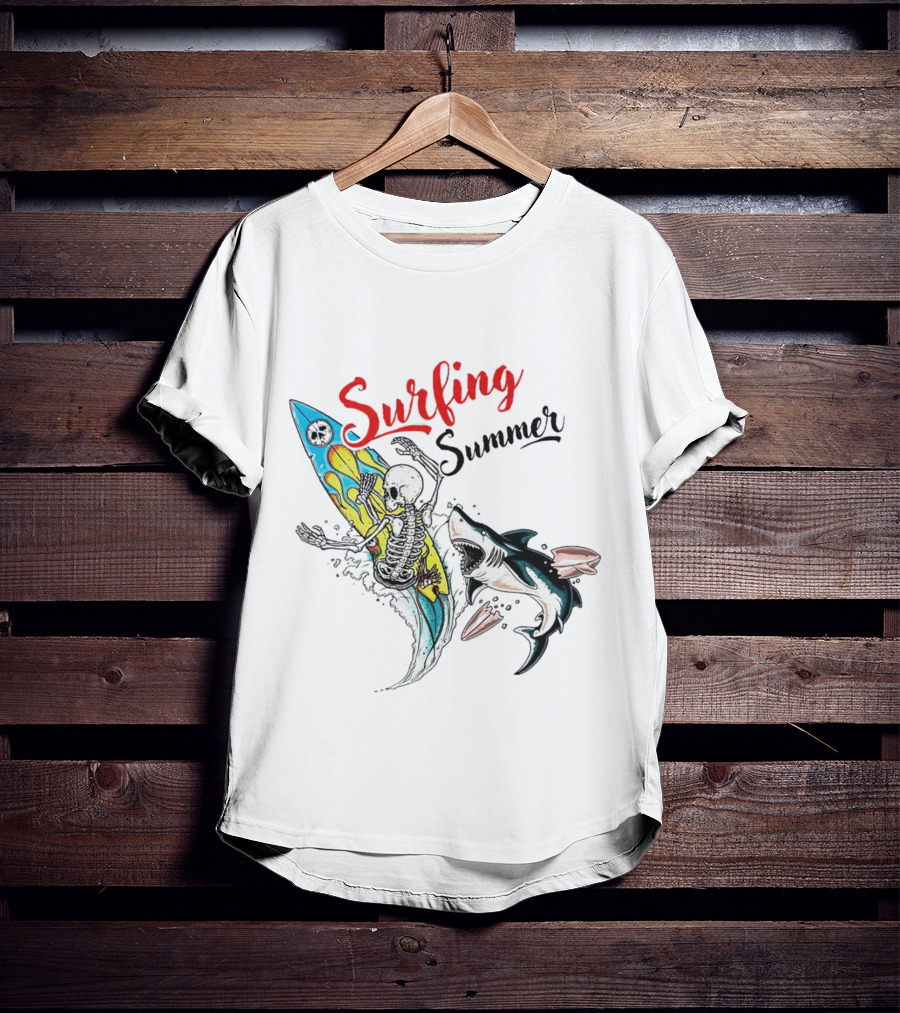 Surfing Summer Skeleton Battling Shark Adventure T-Shirt