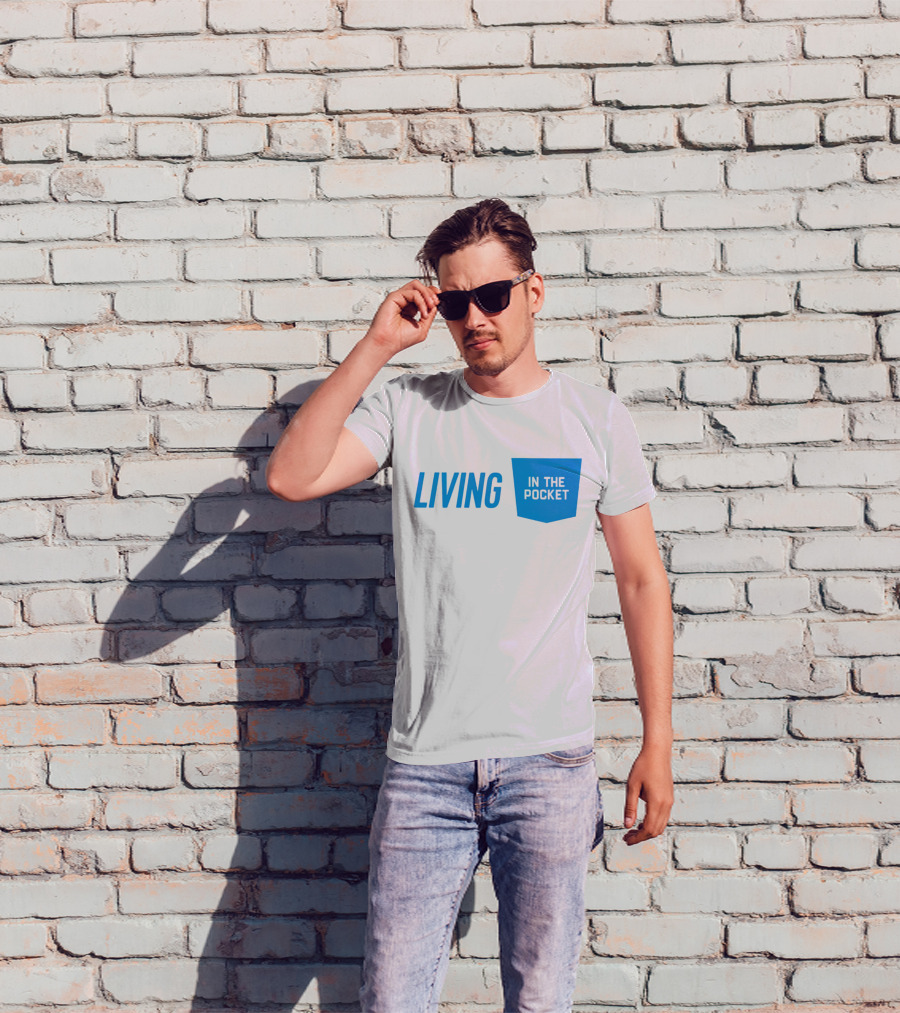 Living In The Pocket Blue Text Iconic Phrase T-Shirt