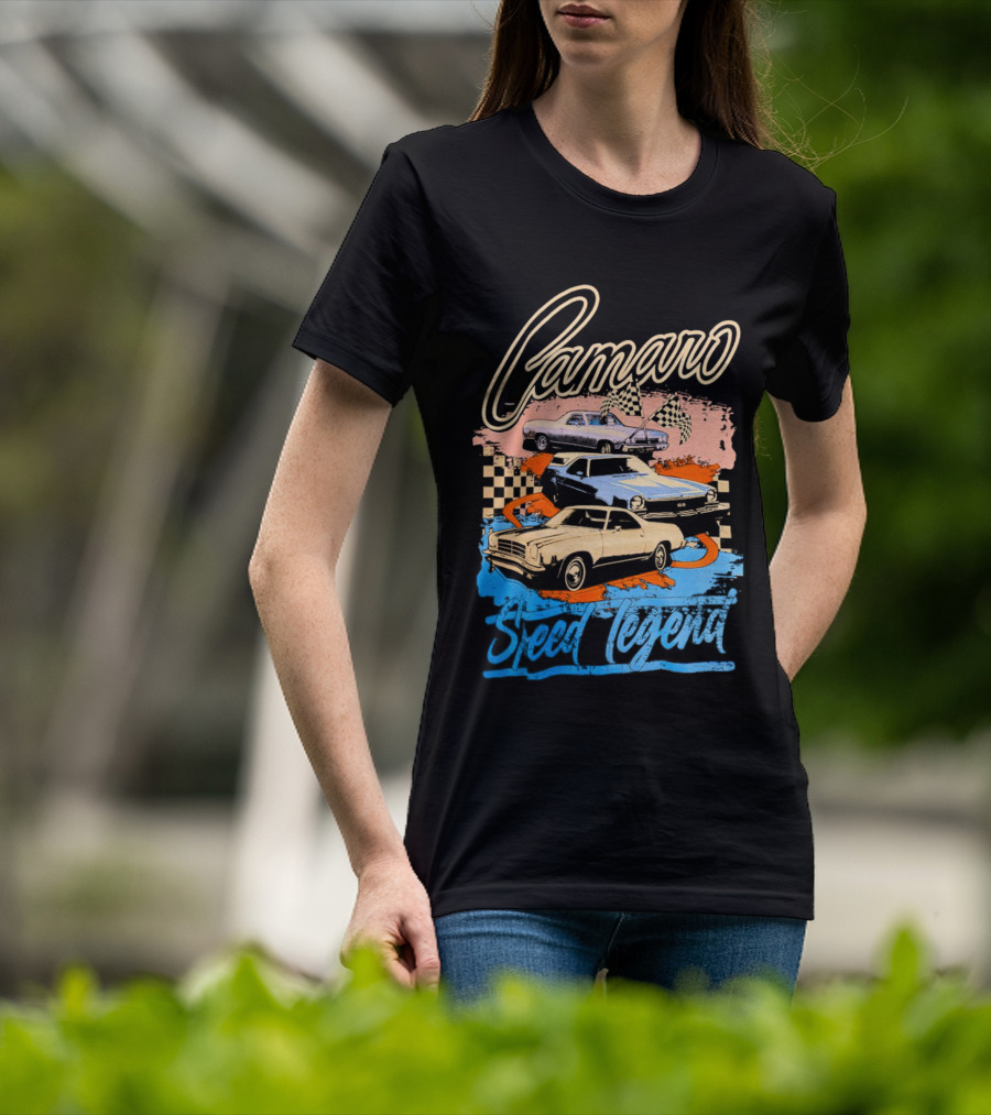 Camaro Speed Legend Vintage Racing Cars Checkered Flags T-Shirt