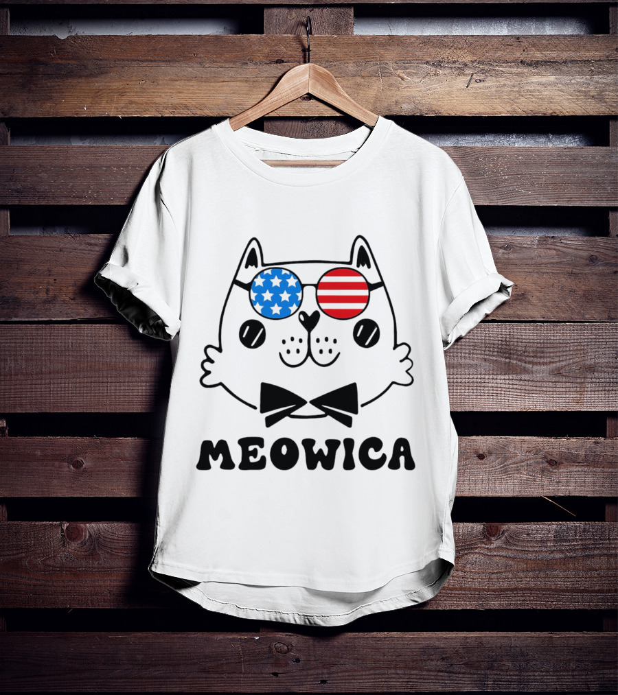 Meowica America Cat In Patriotic Star And Stripe Sunglasses T-Shirt
