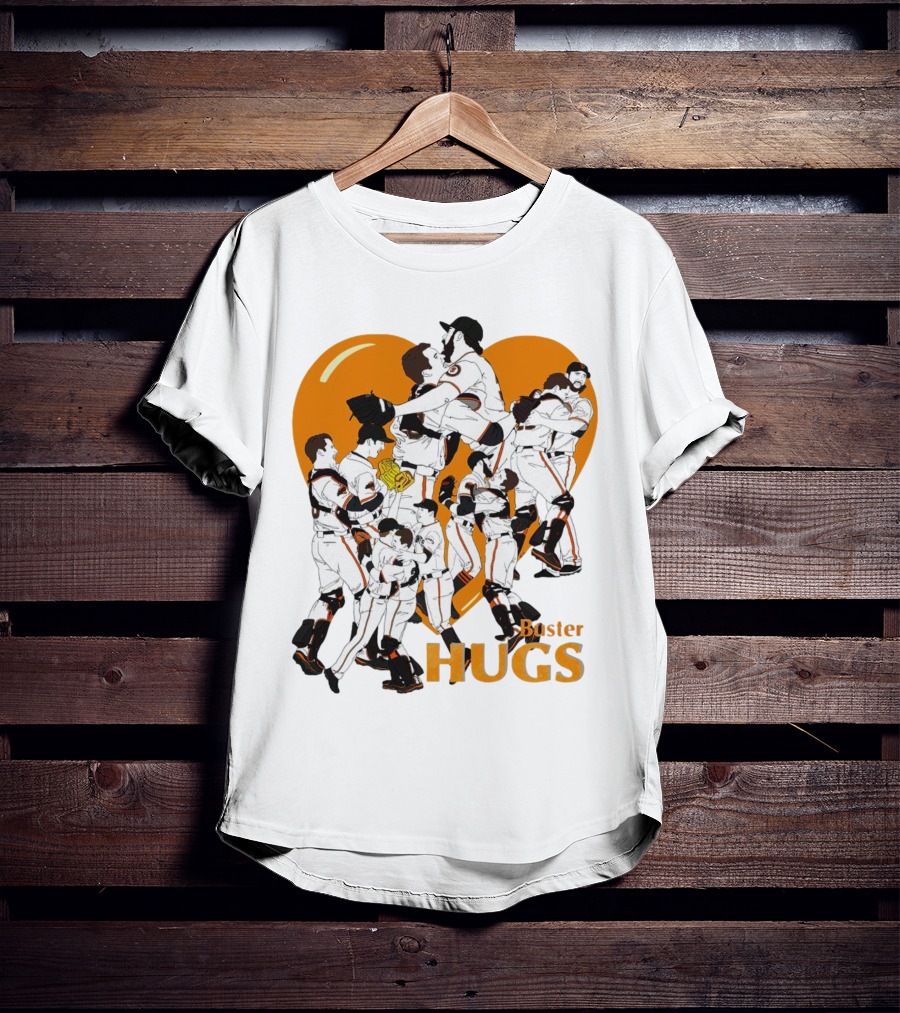 Buster Hugs San Francisco Giants Orange Heart Players Embrace T-Shirt