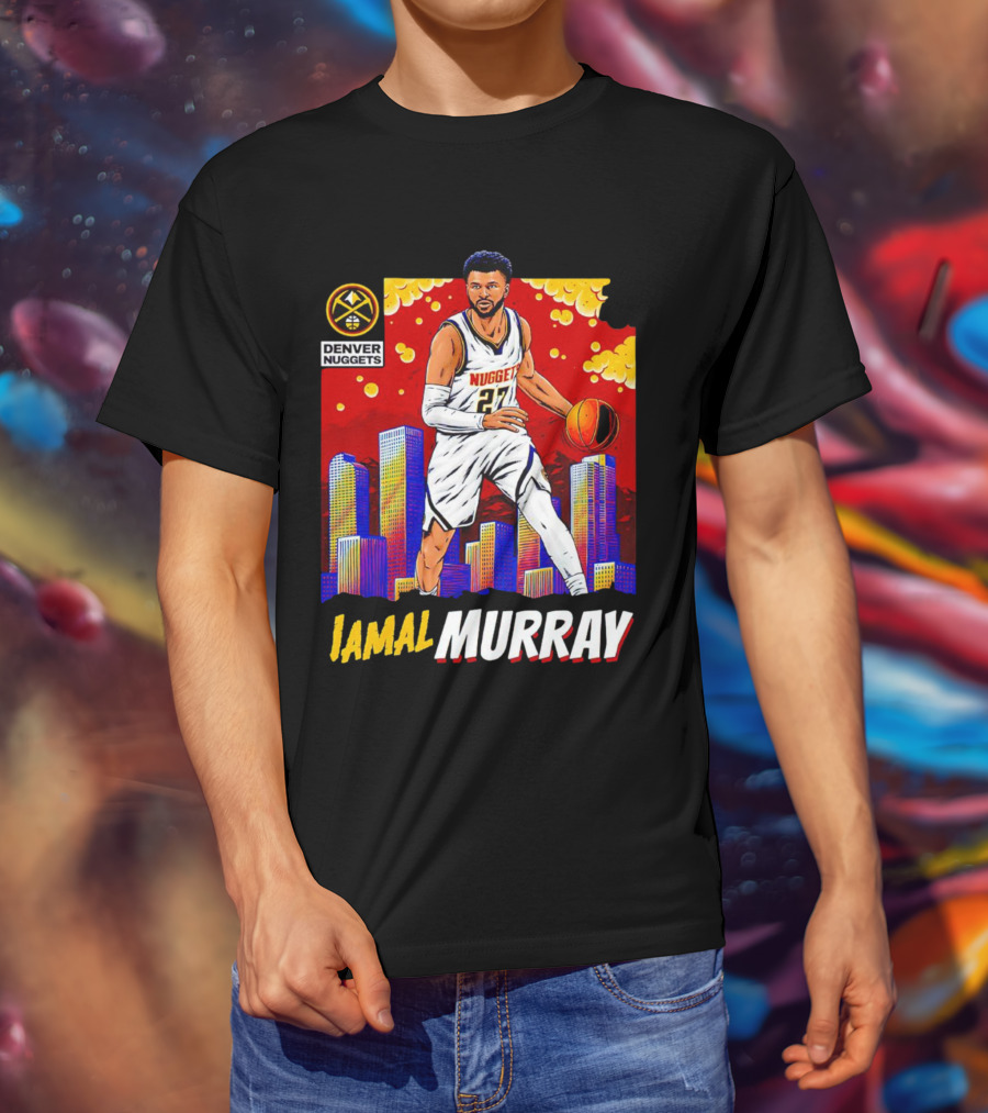 Denver Nuggets Jamal Murray Basketball Skyline Comic T-Shirt