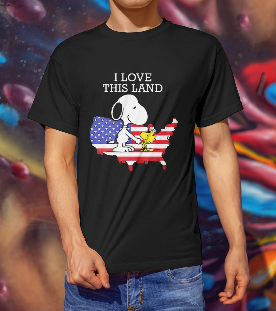 Snoopy Woodstock I Love This Land American Flag USA Map T-Shirt