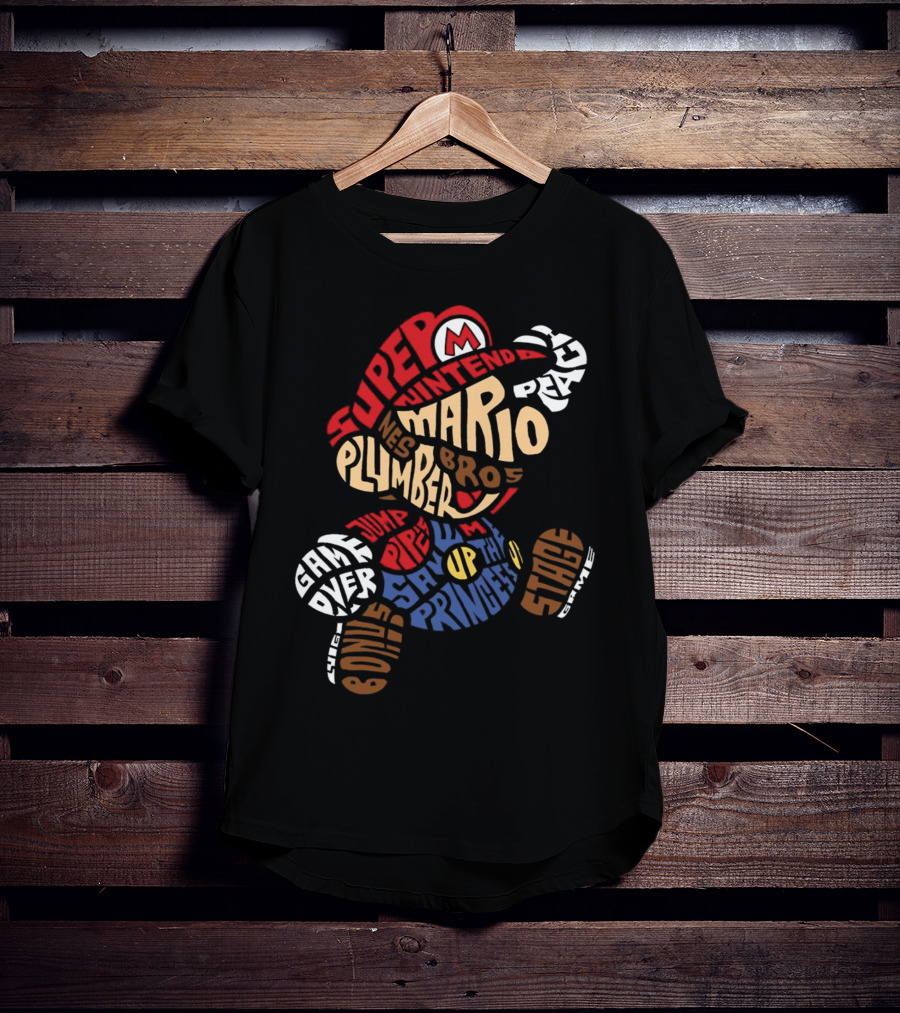 Super Nintendo Mario Bros Plumber Jump Stage Game Typography T-Shirt