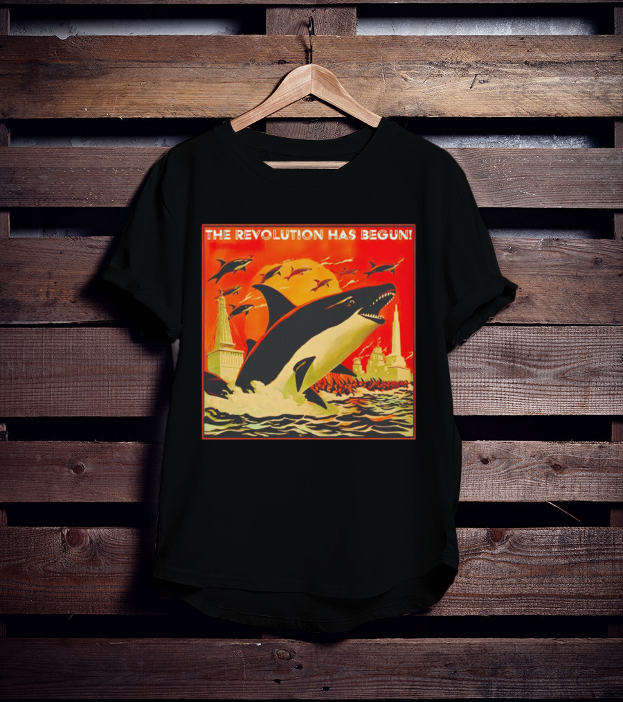 The Revolution Has Begun Orca Tower Attack With Jumping Killer Whales And Red Sky T-Shirt