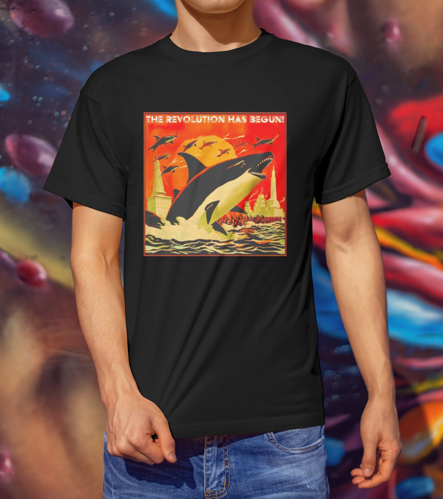 The Revolution Has Begun Orca Tower Attack With Jumping Killer Whales And Red Sky T-Shirt