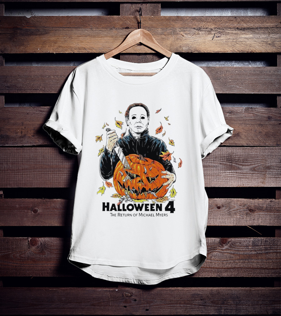 Halloween 4 The Return Of Michael Myers Knife-Wielding Michael With Carved Pumpkin And Autumn Leaves T-Shirt