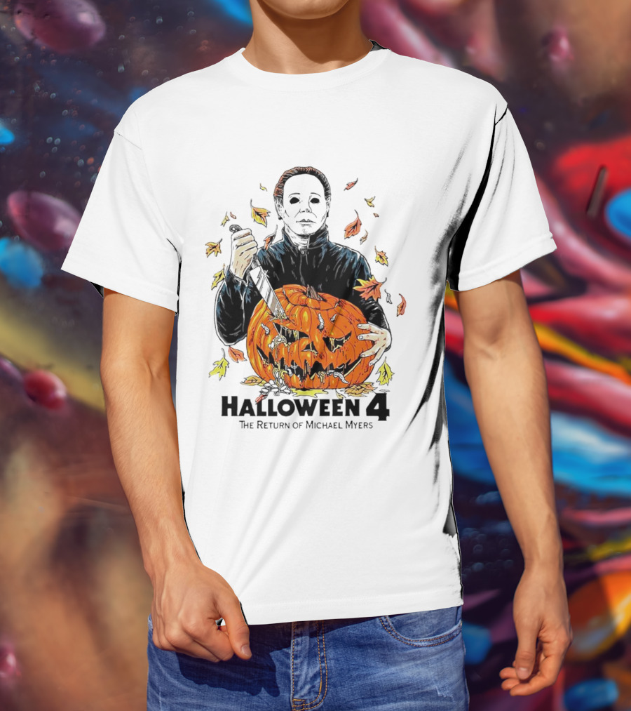 Halloween 4 The Return Of Michael Myers Knife-Wielding Michael With Carved Pumpkin And Autumn Leaves T-Shirt