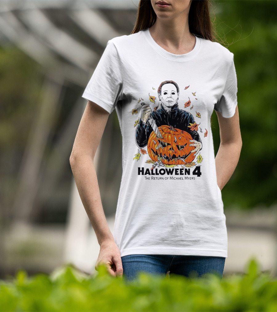 Halloween 4 The Return Of Michael Myers Knife-Wielding Michael With Carved Pumpkin And Autumn Leaves T-Shirt
