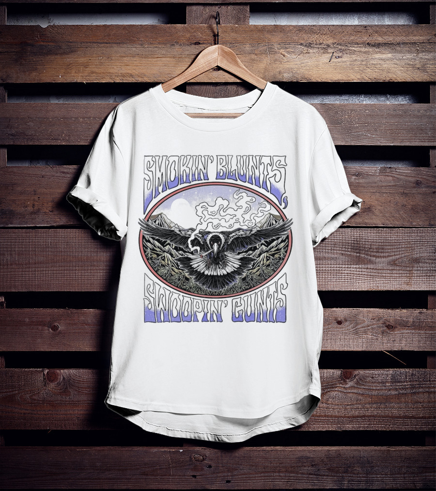 Smokin’ Blunts Swoopin’ Gunts Raven With Smoky Mountains And Clouds T-Shirt