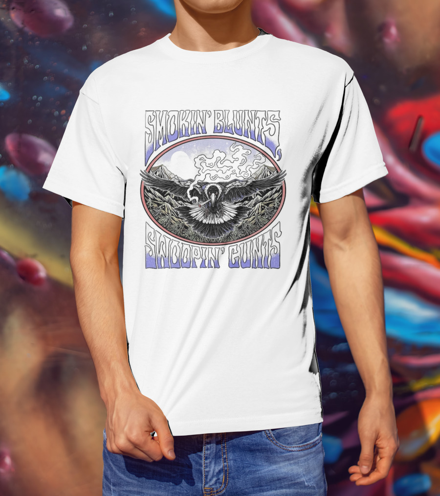 Smokin’ Blunts Swoopin’ Gunts Raven With Smoky Mountains And Clouds T-Shirt