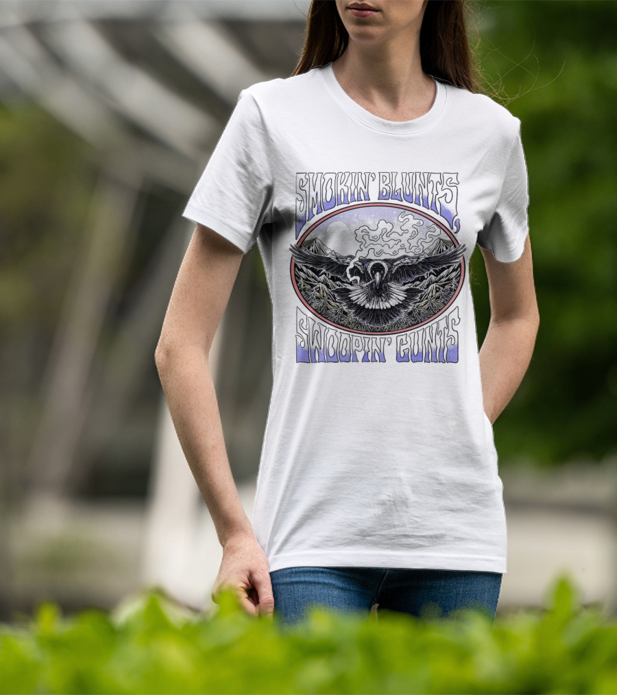 Smokin’ Blunts Swoopin’ Gunts Raven With Smoky Mountains And Clouds T-Shirt