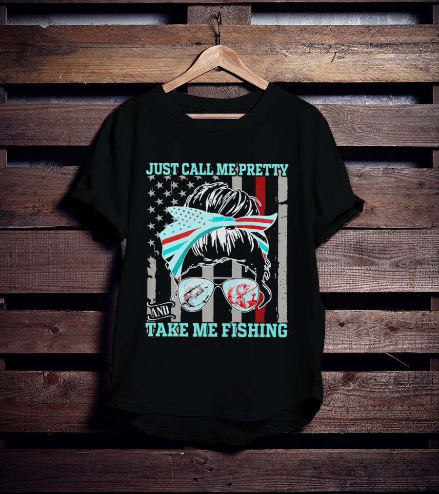 Just Call Me Pretty American Flag Bow Sunglasses Fishing T-Shirt