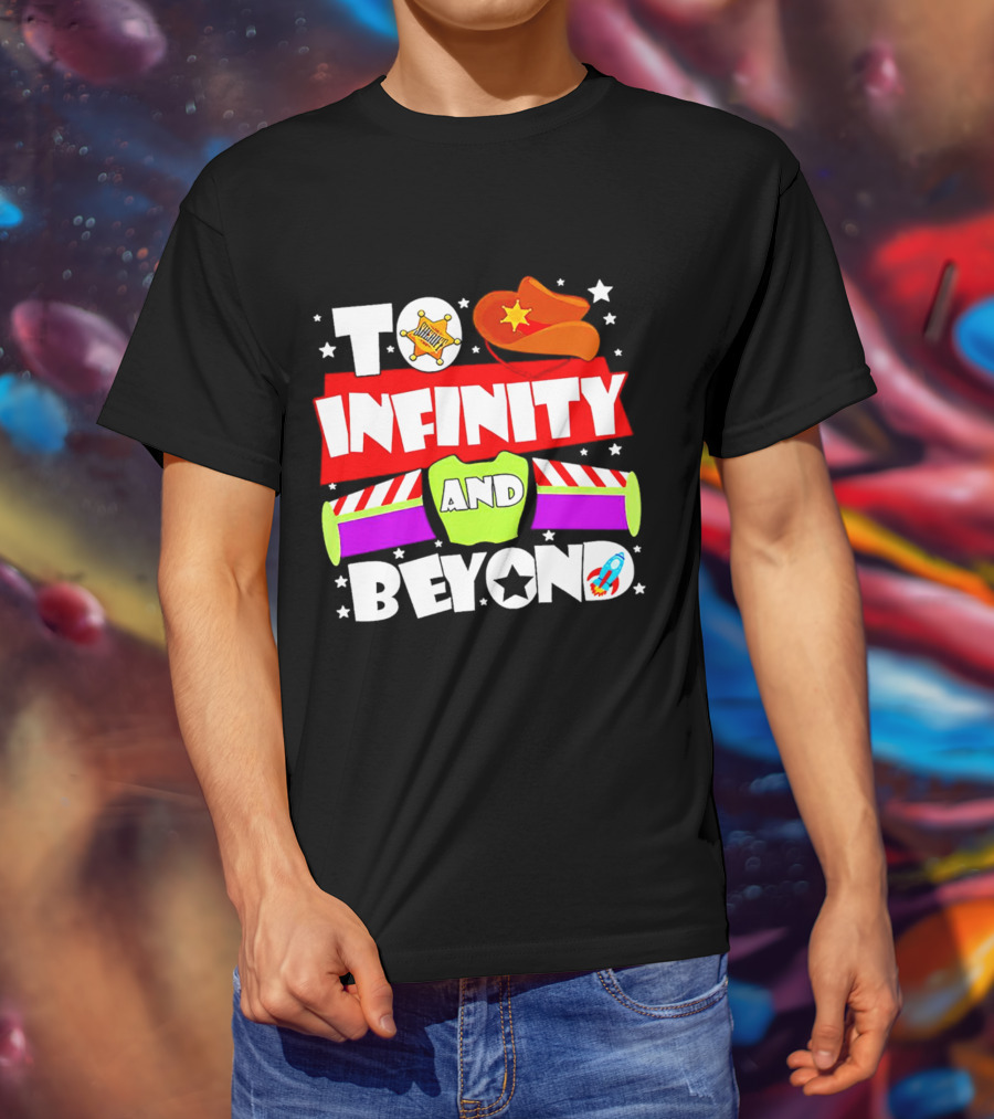 To Infinity And Beyond Toy Story Sheriff Badge Cowboy Hat Rocket T-Shirt