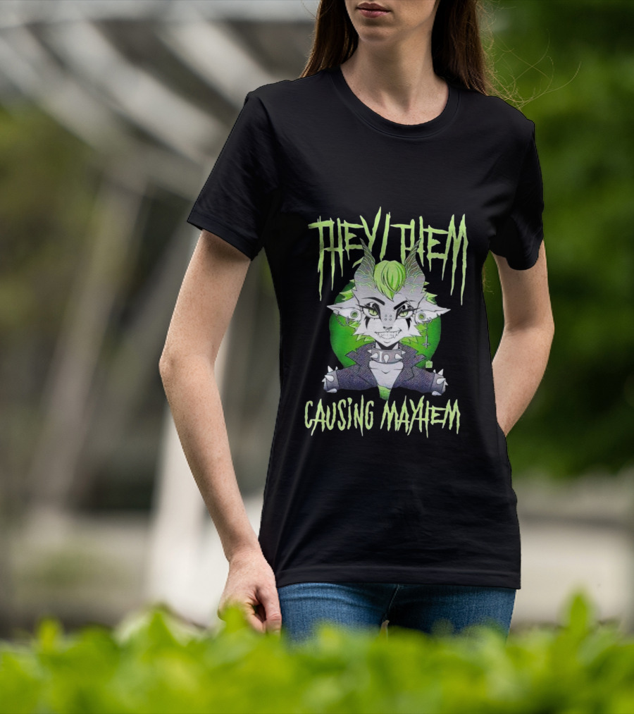 They Them Causing Mayhem Punk Monster Character With Green Hair And Spikes T-Shirt