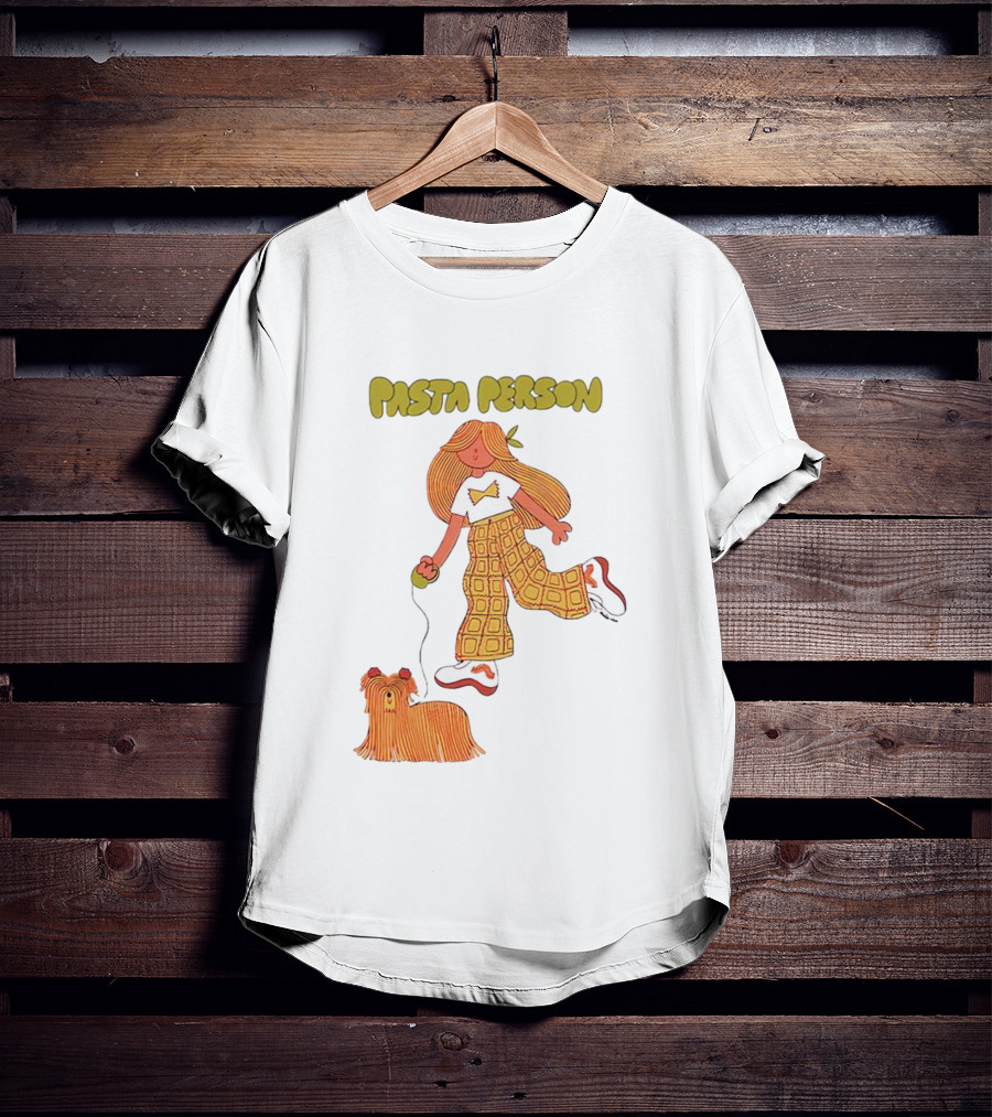 Pasta Person Walking Dog In Checkered Pants And White Sneakers T-Shirt