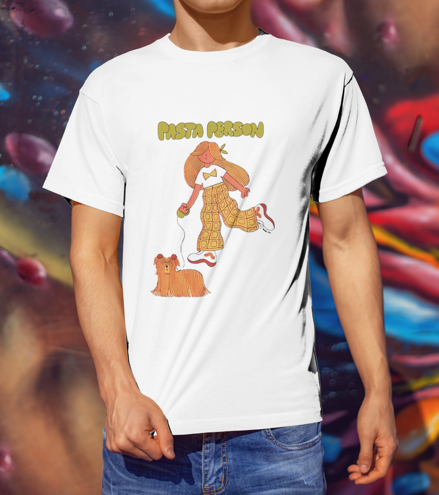 Pasta Person Walking Dog In Checkered Pants And White Sneakers T-Shirt