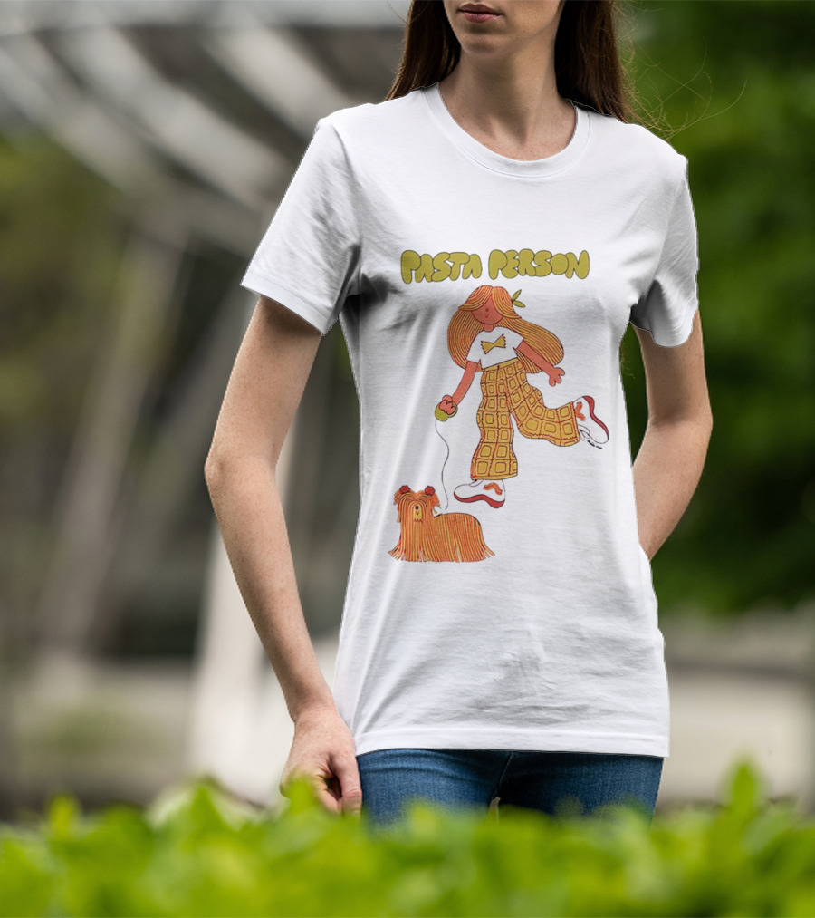 Pasta Person Walking Dog In Checkered Pants And White Sneakers T-Shirt