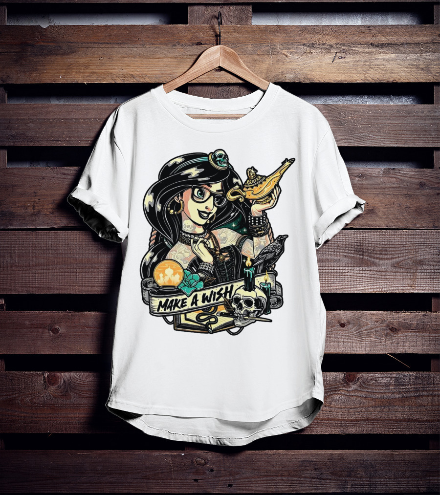 Jasmine Princess Aladdin Make A Wish Tattoo Style With Skull And Lamp T-Shirt