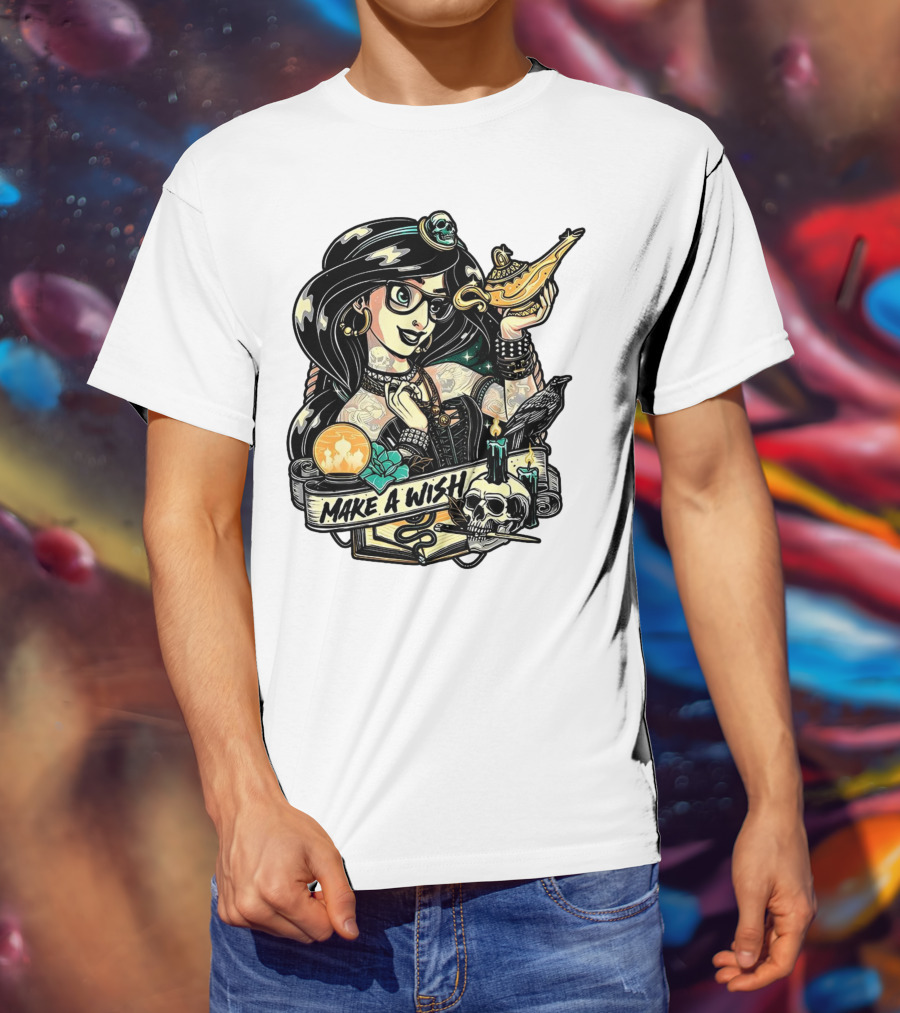 Jasmine Princess Aladdin Make A Wish Tattoo Style With Skull And Lamp T-Shirt