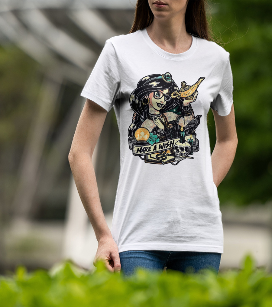 Jasmine Princess Aladdin Make A Wish Tattoo Style With Skull And Lamp T-Shirt
