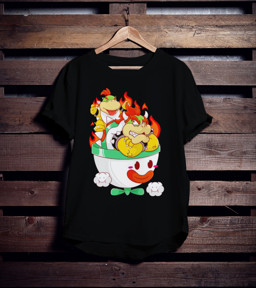 Bowser And Bowser Jr. Father And Son In Clown Car With Flames T-Shirt