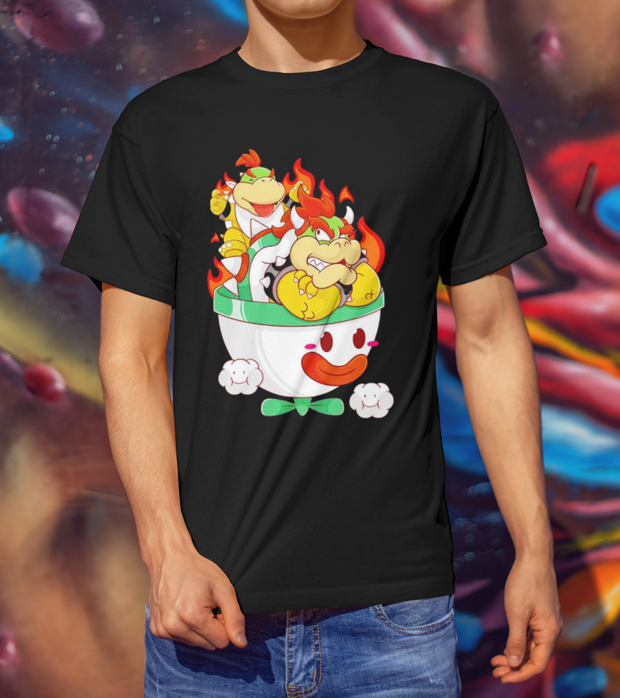 Bowser And Bowser Jr. Father And Son In Clown Car With Flames T-Shirt