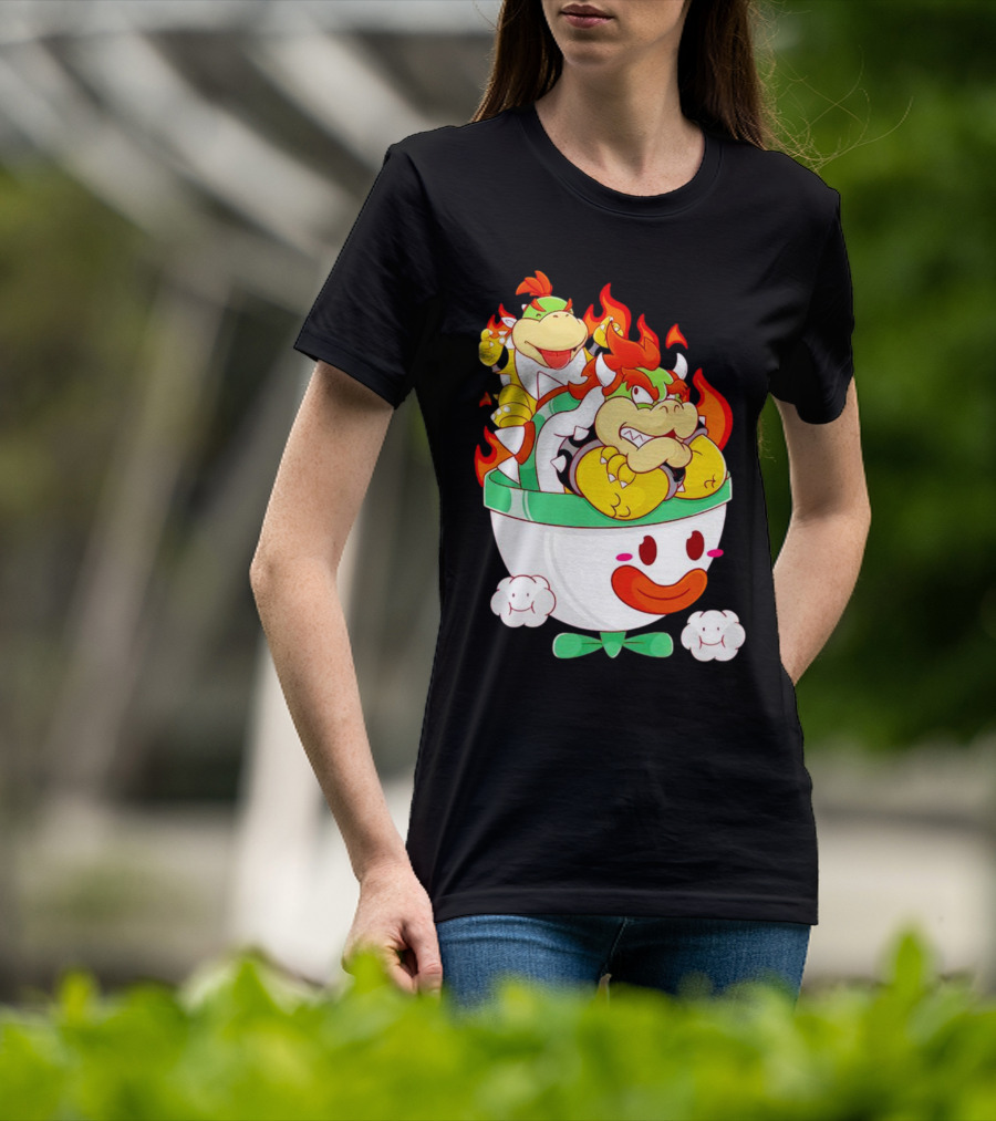 Bowser And Bowser Jr. Father And Son In Clown Car With Flames T-Shirt