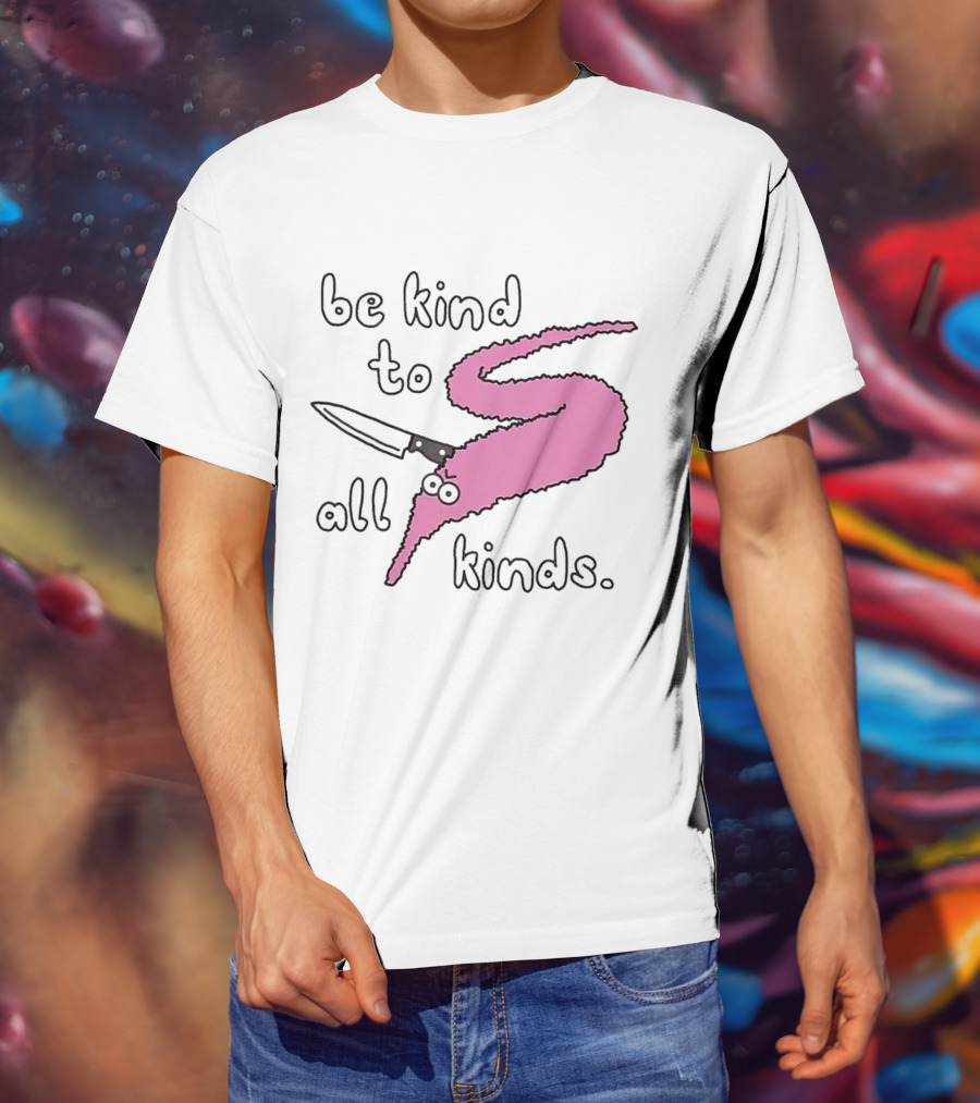 Be Kind To All Kinds Pink Squiggle Worm With Knife T-Shirt