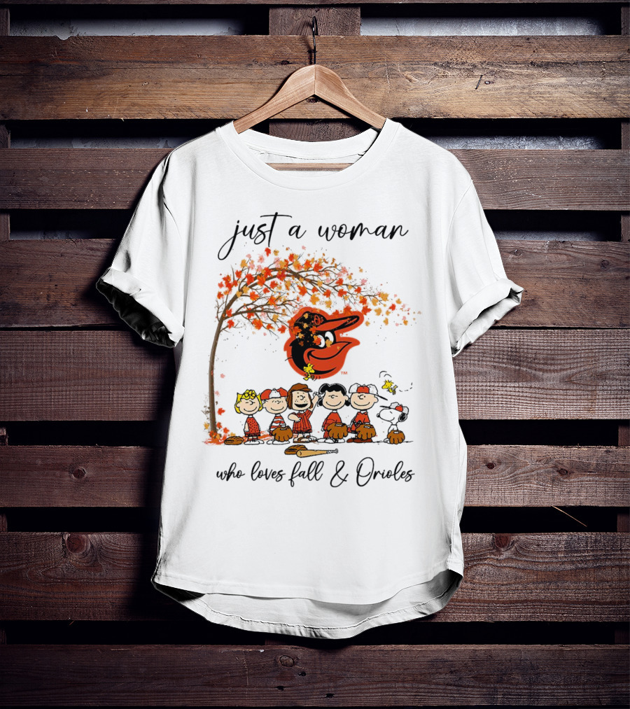 Just A Woman Who Loves Fall And Orioles Peanuts Football Thanksgiving T-Shirt