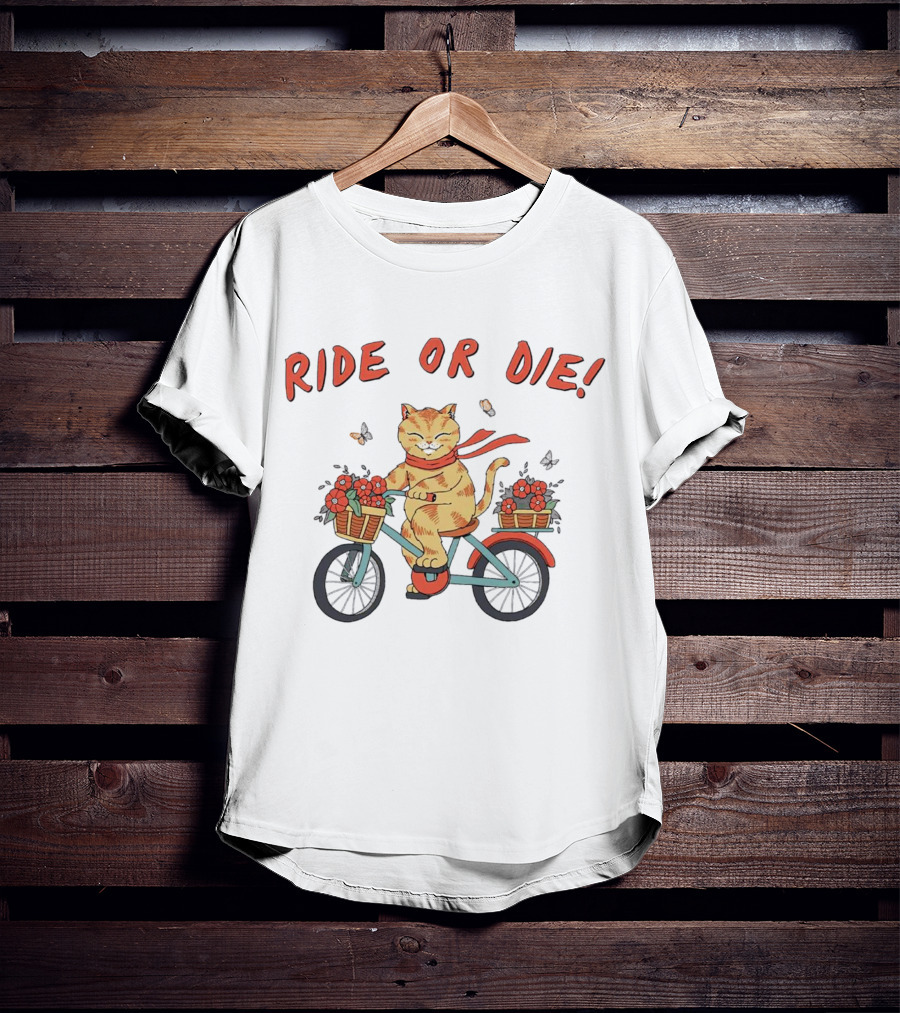 Ride Or Die Catana Bike Riding Cat With Flowers And Scarf T-Shirt