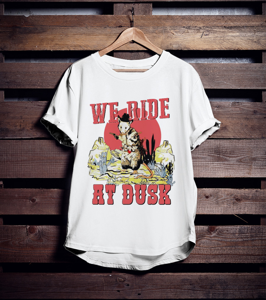 Raccoon Cowboy Desert Adventure We Ride At Dusk T-Shirt