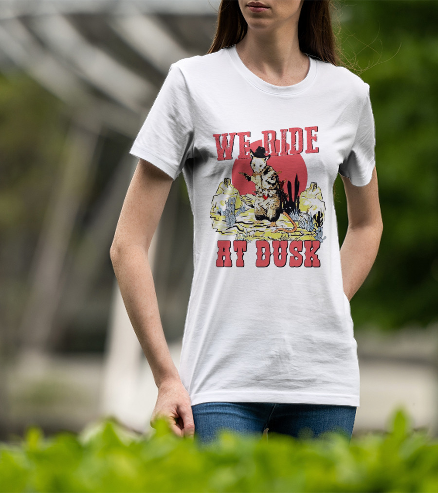 Raccoon Cowboy Desert Adventure We Ride At Dusk T-Shirt