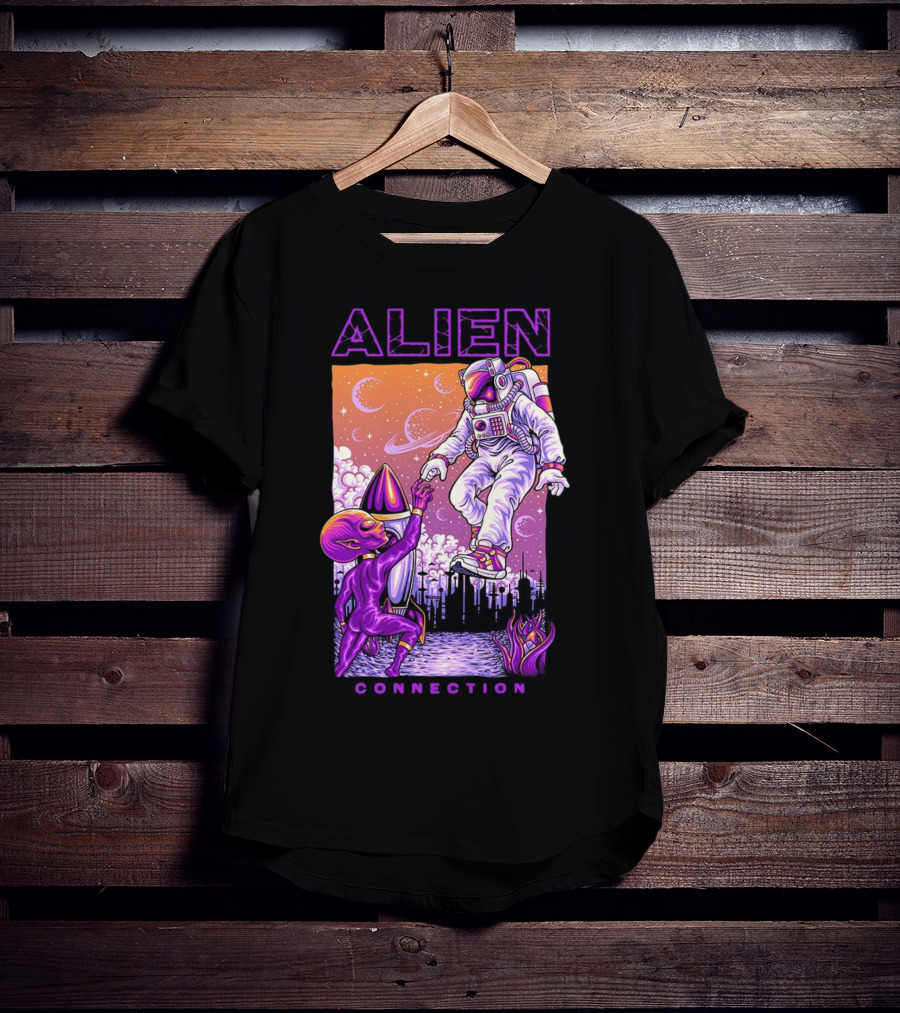 Alien And Astronaut Universal Bond Under Neon Cosmic Sky T-Shirt