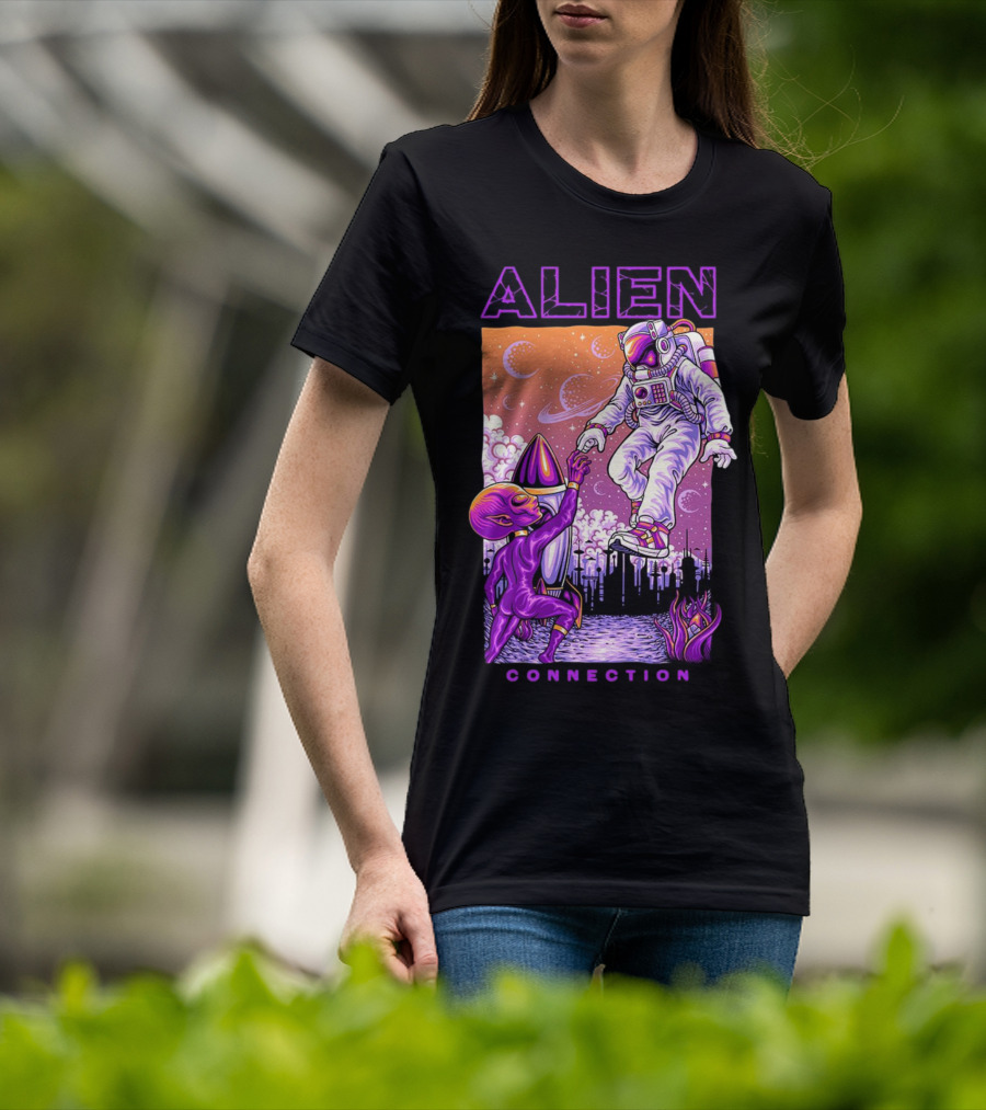 Alien And Astronaut Universal Bond Under Neon Cosmic Sky T-Shirt