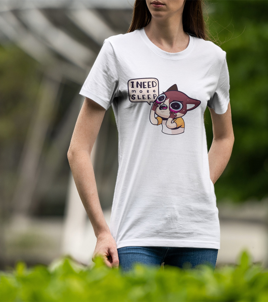 I Need More Sleep Tired Cartoon Character With Big Eyes And Pajamas T-Shirt