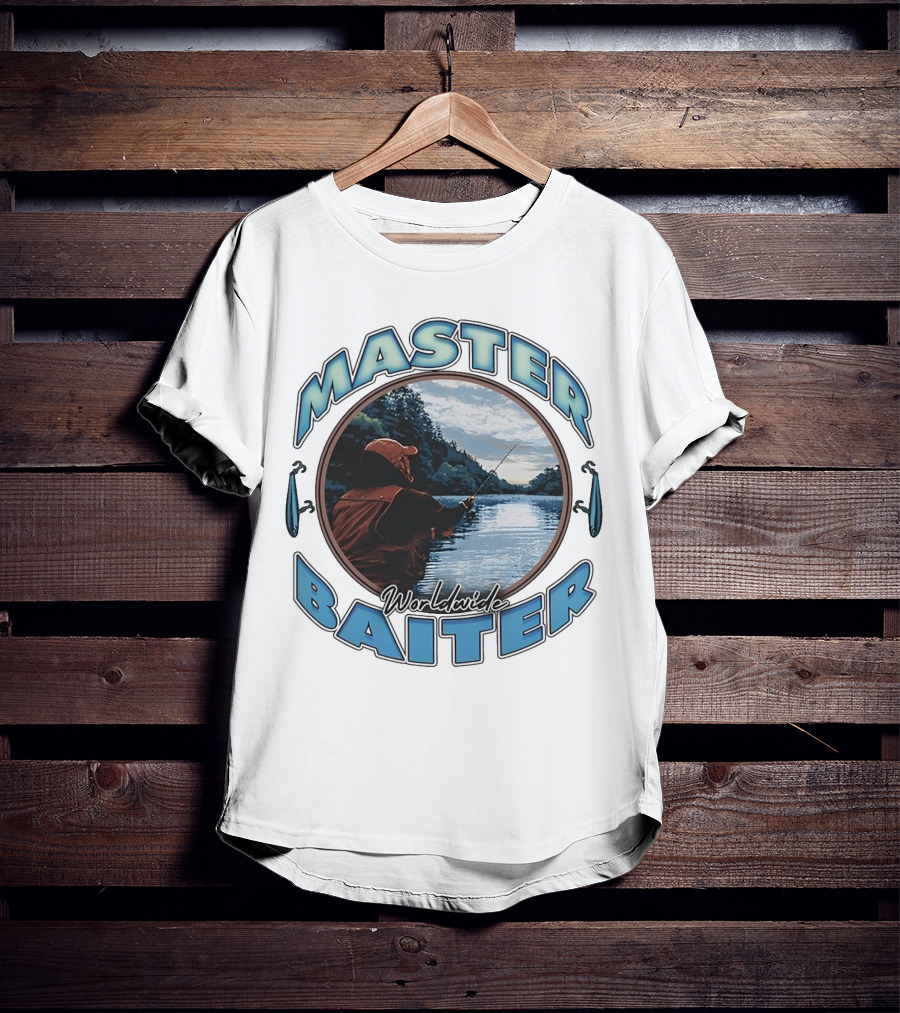 Master Baiter Worldwide Fishing Scene With Blue Text And Water Reflection T-Shirt