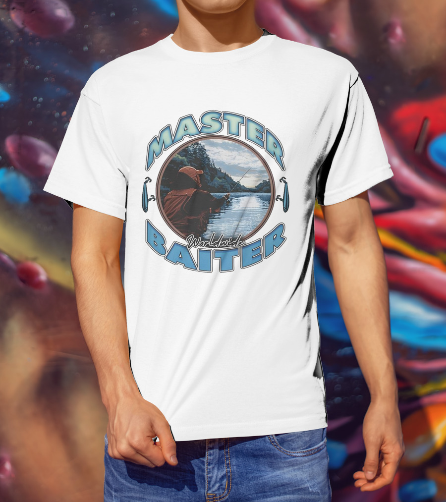 Master Baiter Worldwide Fishing Scene With Blue Text And Water Reflection T-Shirt