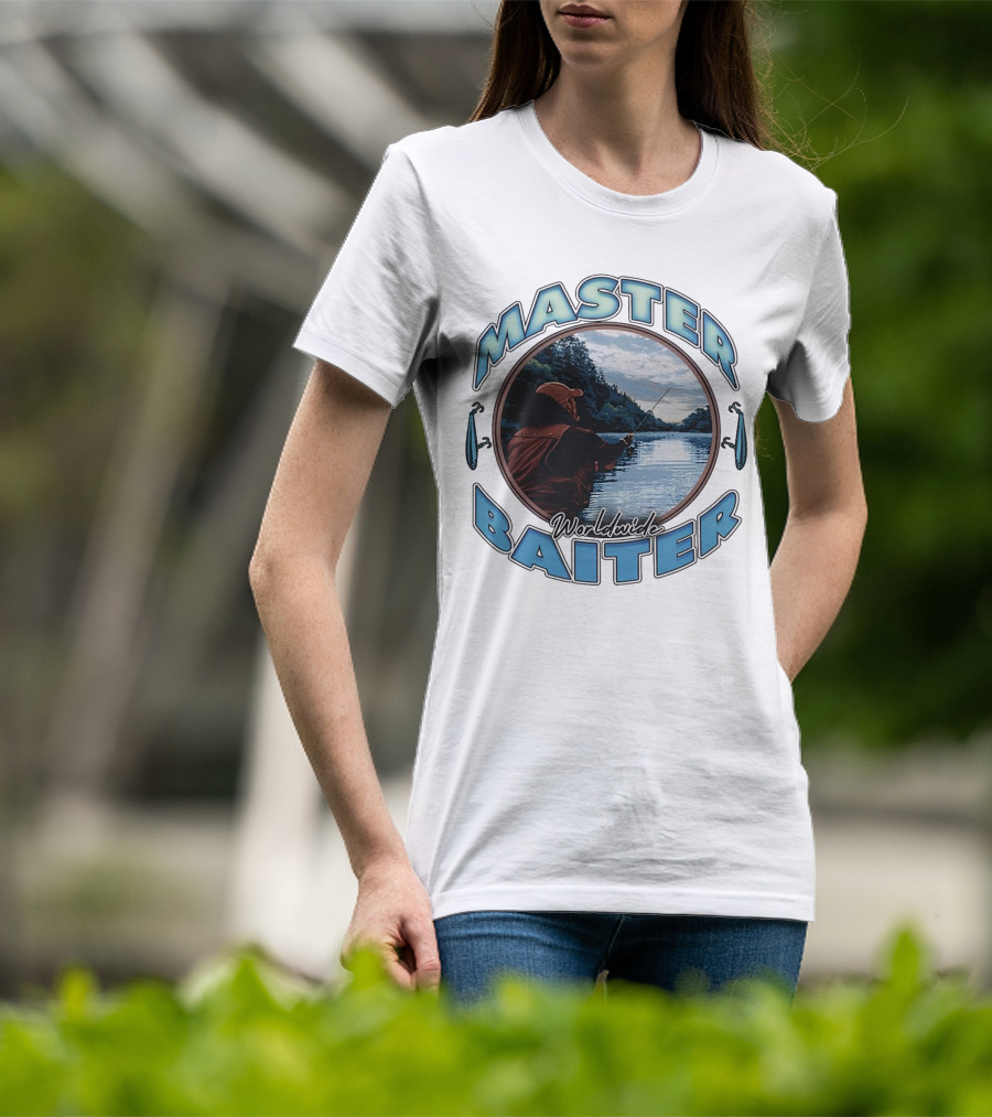 Master Baiter Worldwide Fishing Scene With Blue Text And Water Reflection T-Shirt