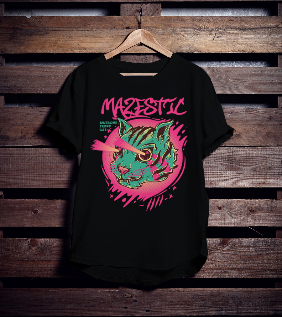 Mazestic Awesome Trippy Cat Psychedelic Neon Laser Eyes T-Shirt