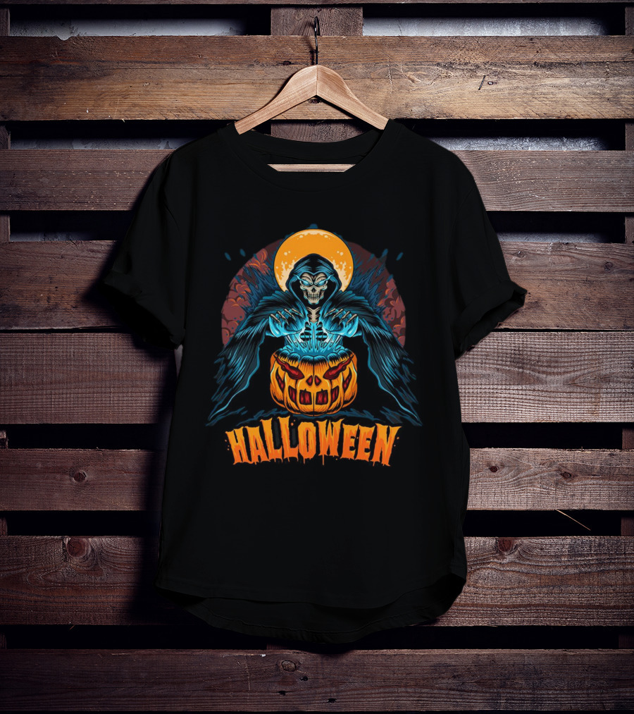 Grim Reaper With Pumpkin And Full Moon Halloween T-Shirt