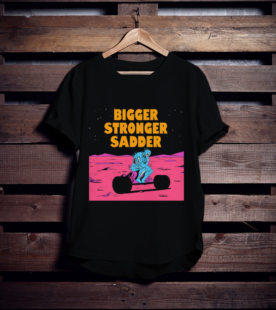 Bigger Stronger Sadder Skeleton Lifting Weights On Alien Planet T-Shirt