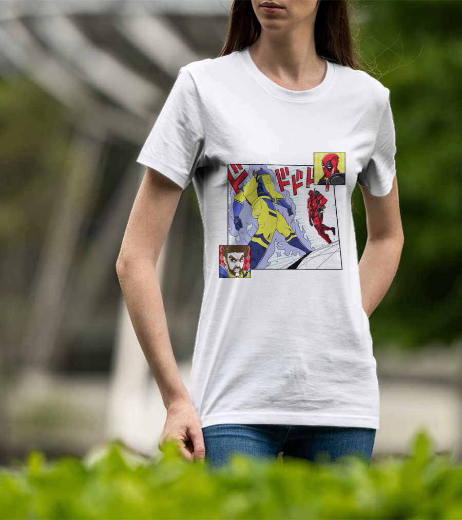 Intimate Enemies Deadpool Confrontation With Wolverine Comic Style Panel T-Shirt