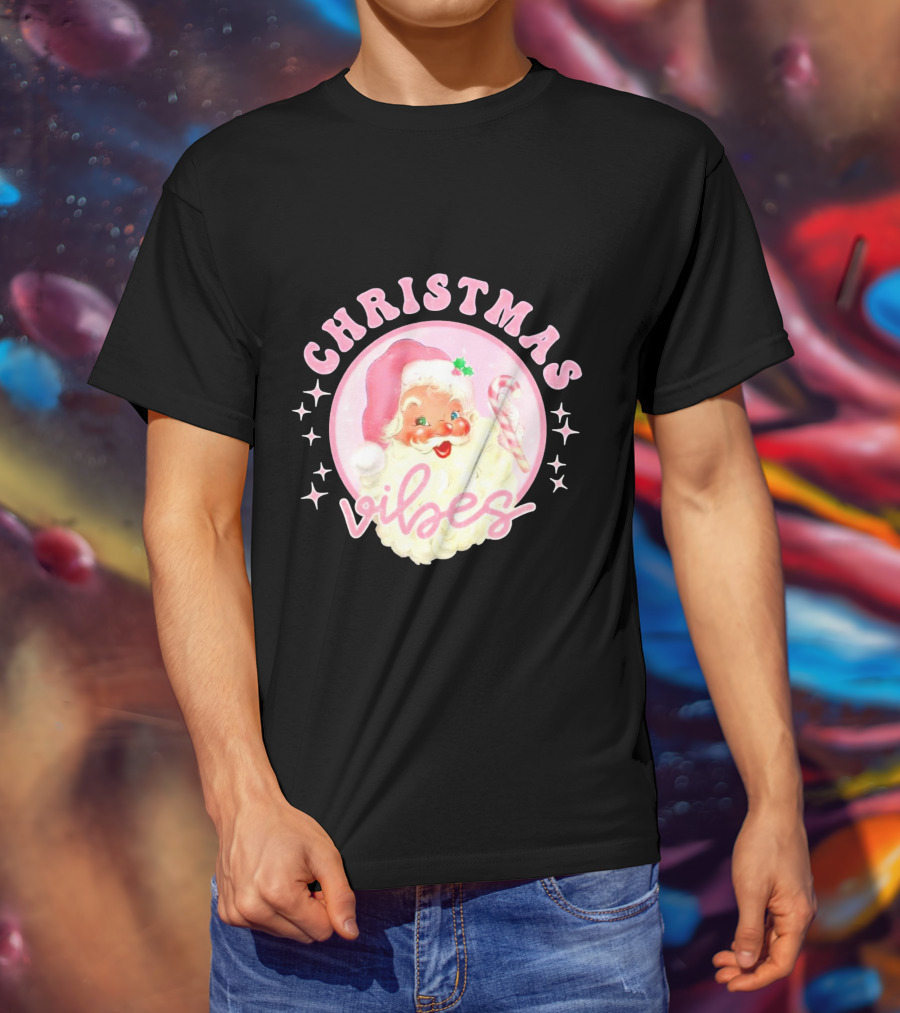 Christmas Vibes Santa Claus Candy Cane Retro Holiday T-Shirt
