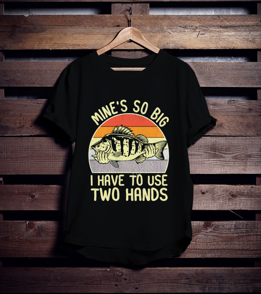 Vintage Fish Mine's So Big I Have To Use Two Hands Retro Sunset Stripes T-Shirt