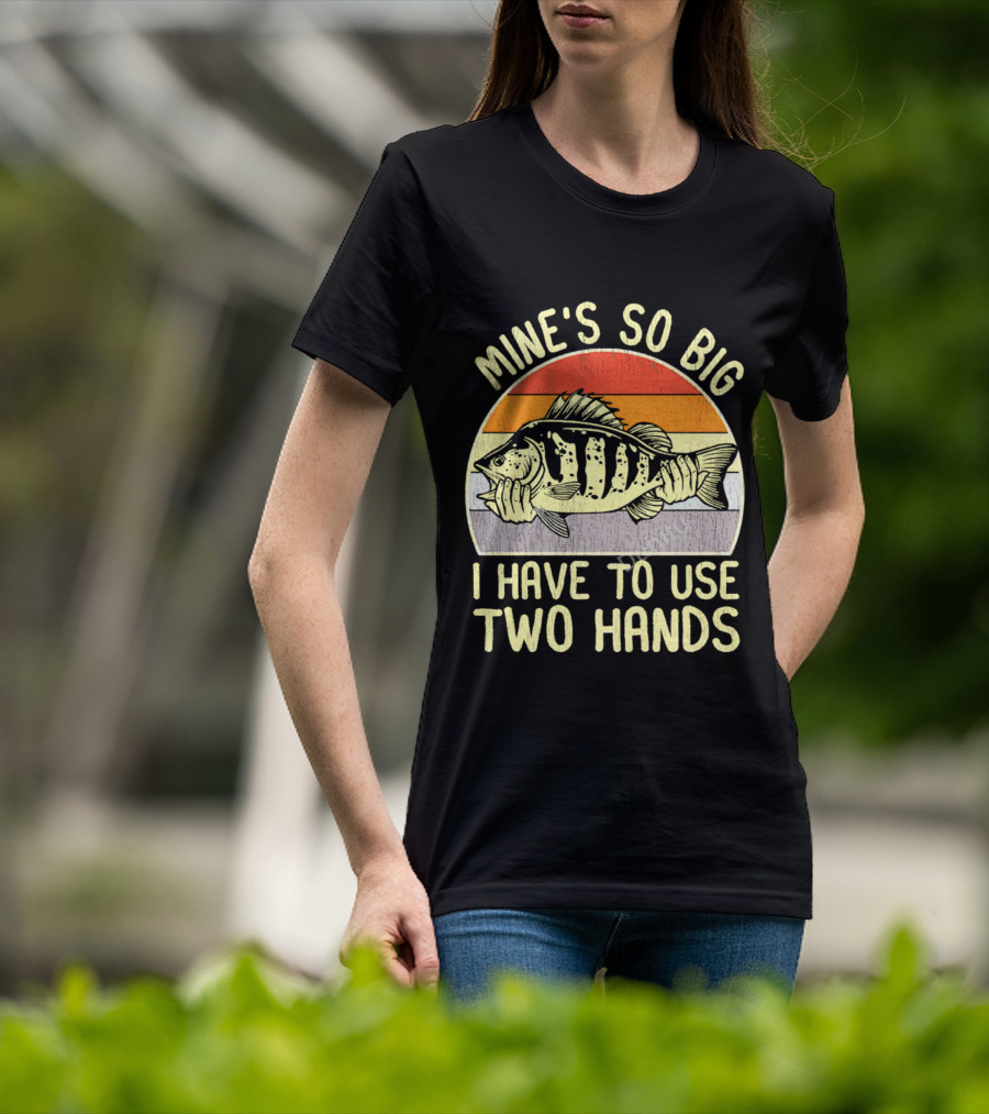 Vintage Fish Mine's So Big I Have To Use Two Hands Retro Sunset Stripes T-Shirt