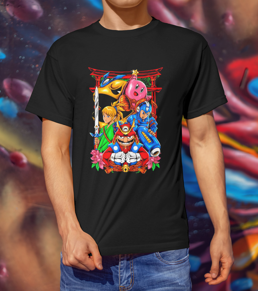 Game Heroes Showcase Pac-Man Kirby Link Mega Man Mario Collaboration T-Shirt